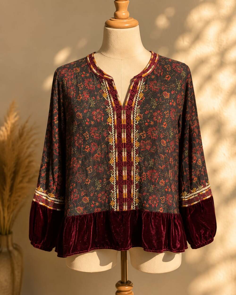 Renaissance Boho Floral Velvet Trim Embroidered Peasant Blouse PM
